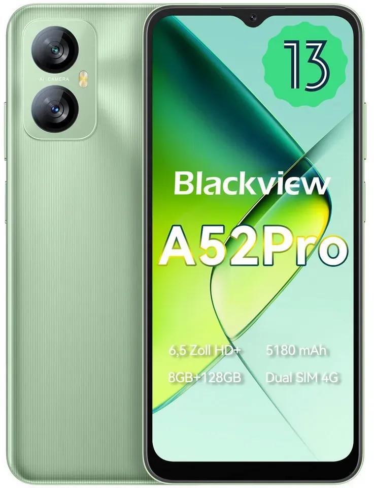 blackview A52Pro(4+128) Smartphone (6.5 Zoll, 128 GB Speicherplatz, 13 MP Kamera, Fingerabdruck, Dual SIM 4G, Android 13) grün