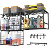 Qustikuri 3 Pack Garage Regale Heavy Duty Garage Lagerung mit Drahtkörbe Waschküche Regale Wandregale mit Haken Werkzeug Veranstalter für Schuppen Garten Küche Organisation und Lagerung