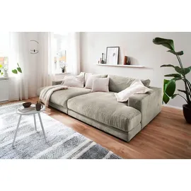 KAWOLA Big Sofa XL MADELINE mit Holztablett natur für Armlehne Cord steingrau
