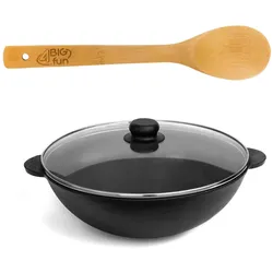 BRIZOLL Wok Ø28 cm Wokpfanne 3,7 L Bratpfanne Gusseisen Glasdeckel Kasan Asia Schmortopf Grill