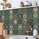 HpLive 24 Stück Fliesenaufkleber, PVC Fliesen Aufkleber Grün Mandala Stil Fliesenaufkleber Selbstklebend Wasserdicht Wandaufkleber für Küche Badezimmer Dekoration(10cm)