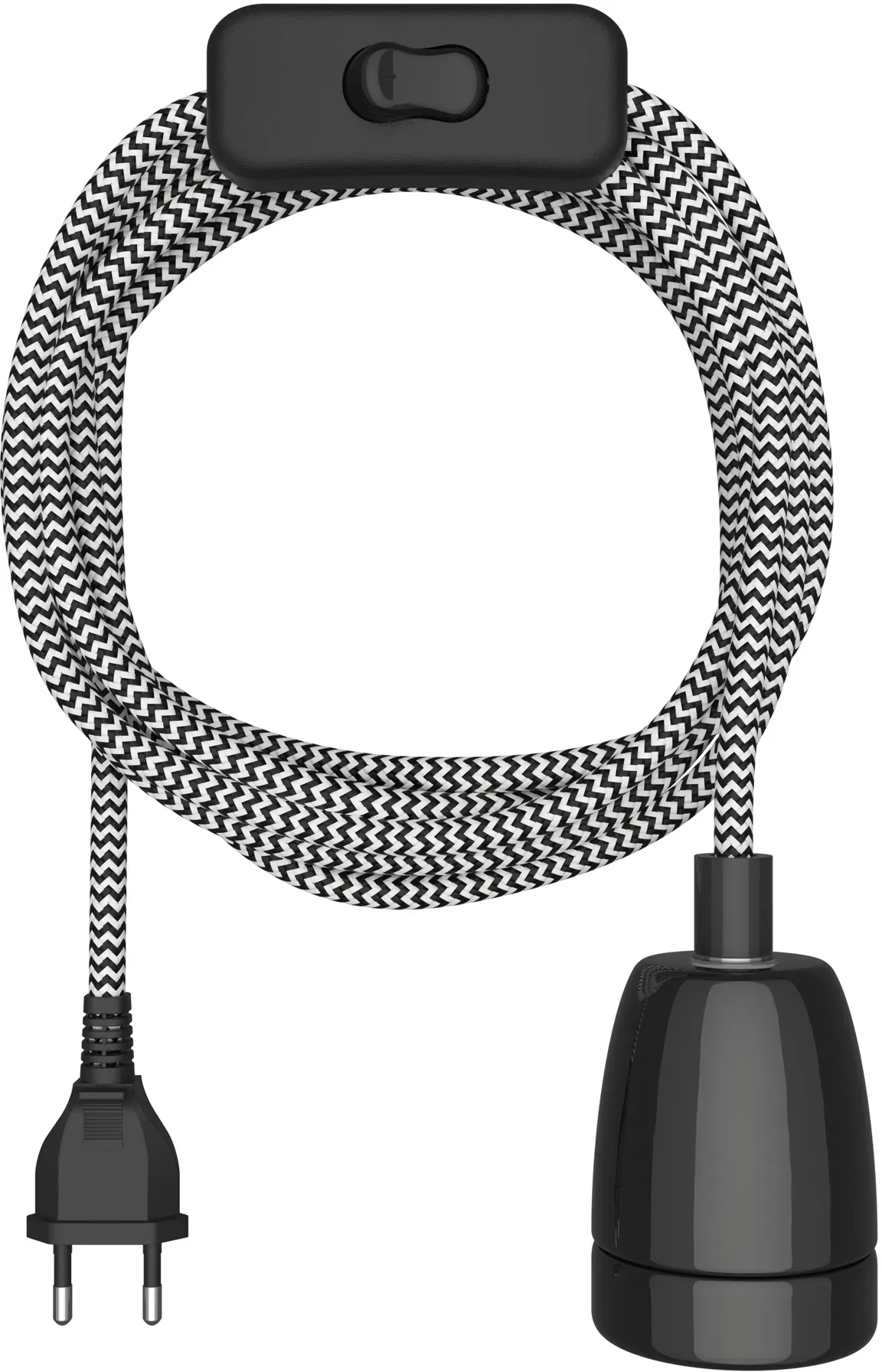 ledscom.de Textilkabel LEHA II, Stecker, Schalter, schwarz, weiß  , gezackt, 3 m, Porzellan-Fassung, 1x E27 max. 300W