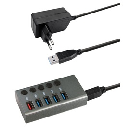 Maxtrack USB 3.0 Hub CH10L - USB 3.0 Hub mit 4 USB Ports, 1 Ladeport für Mobilgeräte, USB Hub mit Netzteil, 5 Gbps, USB Hub Aktiv, 2,4A Ladestation, Einzeln Schaltbar