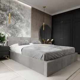 Muralo Polsterbett Stoffbett Bett mit Bettkaste Container Doppelbett für Schlafzimmer - 120 cm x 200 cm - grau