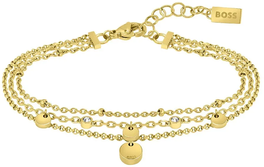 Armband BOSS "Schmuck Edelstahl Armschmuck Ankerkette IRIS", gold (gelbgoldfarben, kristallweiß, kristallweiß), Armbänder, Damen, Edelstahl, mit Glasstein