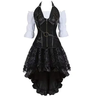 Josamogre Steampunk Corsagenkleid Corsage Kostüm mit asymmetrischer Spitzenrock und Bluse für Karneval Fasching Halloween Schwarz XL - XL