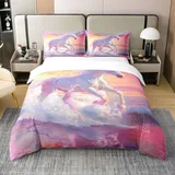 Weißes Pferd 100% Baumwolle Bettbezug 200x200,Rosa Wellen Tröster Abdeckung,Sonnenuntergang Bettwäsche Set für Schlafzimmer Dekor,Bauernhof Tiere Bettbezug für Frauen Mädchen