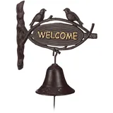 Relaxdays Türglocke Gusseisen WELCOME, Antik-Stil, goldene Buchstaben, Schild mit Vögeln, Haustür & Garten, dunkelbraun,