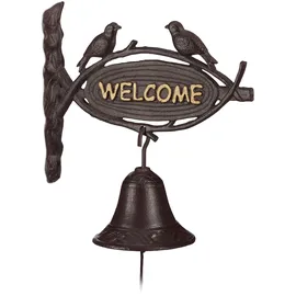 Relaxdays Türglocke Gusseisen WELCOME, Antik-Stil, goldene Buchstaben, Schild mit Vögeln, Haustür & Garten, dunkelbraun,
