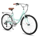 Hiland 26 Zoll Cityräder für Erwachsene, Step-Through Rahmen Damenfahrrad mit Gepäckträger, Herren und Damen 7 Gang City-Pendlerfahrrad - Grün