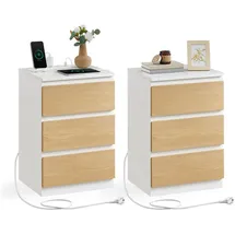 VASAGLE Nachttisch mit Steckdosenleiste,2er Set,Beistelltisch,3 Schubladen,2 AC-Steckdosen,2 USB-A-Anschlüsse,Wohnzimmer