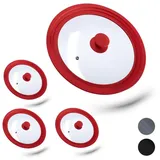 Relaxdays 4 x Topfdeckel universal, Glasdeckel mit abgestuftem Silikonrand, Töpfe & Pfannen 26-30 cm, HxD: 5 x 31,5 cm, rot