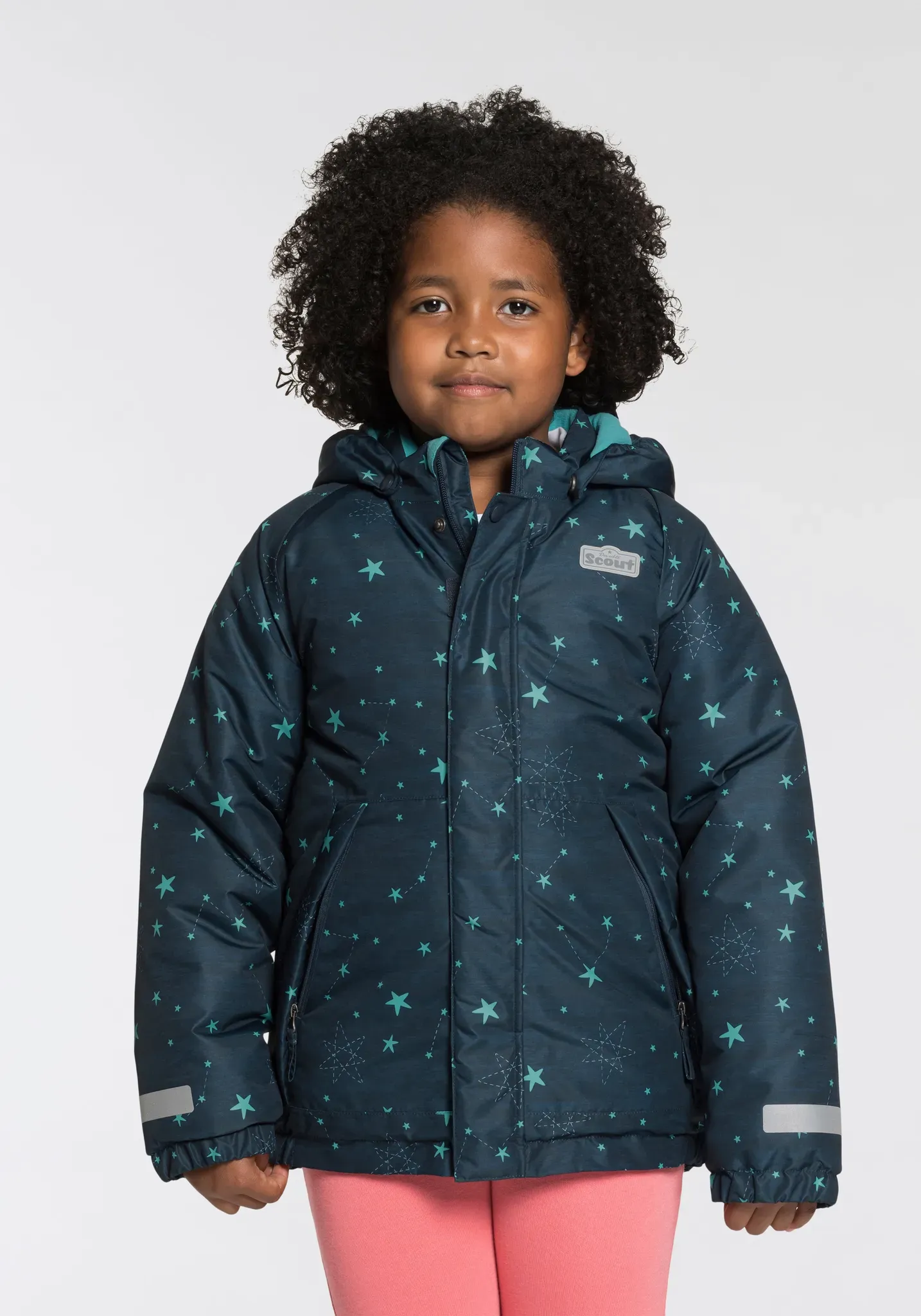 Schneejacke SCOUT "SNOWY", Kinder, Gr. 128/134, blau (marine türkis bedruckt), Web, Obermaterial: 100% Polyester. Futter: 100% Polyester. Wattierung: 100% Polyester, bedruckt, sportlich, Langarm mit innenliegendem Gummizug, Jacken, mit wärmender Thermowattierung