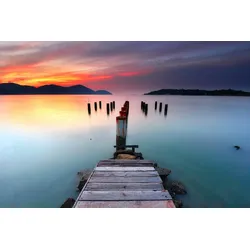 Fototapete PAPERMOON "PIER-SEE NATUR LANDSCHAFT MEER HOLZ STEG DÄMMERUNG DEKO", bunt, B:3,00m L:2,23m, Vlies, Tapeten