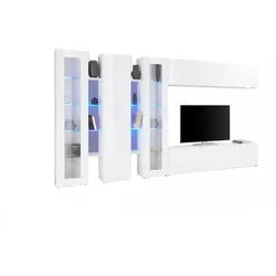 Dmora Wohnzimmermöbel Clemente, Wohnzimmer-Set TV-Möbel mit 5 Türen, Mehrzweck-Wohnmöbel, 100% Made in Italy, cm 340x30h180, glänzend weiß