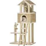 PawHut Kratzbaum Katzenbaum 130H cm Kletterbaum mit Katzenhöhle Spielbälle Jutestämmen großer Plattform Spanplatte Plüsch Khaki+Beige - Beige