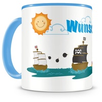 Samunshi® Kindertasse mit Namen Tasse Piraten Insel Personalisierte Tasse mit Namen Kinder Kinderbecher mit Namen Kindergarten blau 300ml