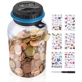 Birshe Spardose Mit Zähler,1.8L Groß Kinder Transparente Münzzähler mit LCD Anzeige Digital Coin Bank Mit Automatischem Mit Schloss und Niedlichen Aufklebern Sparbüchse Mit Zählwerk