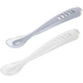 BÉABA - Baby Löffel - 2er-Set - Silikonlöffel - Fütterlöffel - Erste Mahlzeit mit Transportbox - Weiche Baby Fütterlöffel - Blue