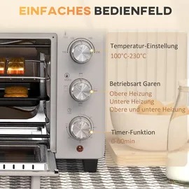 Homcom Minibackofen 21L 1400W 60 Min. Timer, Kleinbackofen mit 100 °C-230 °C einstellbar Temperatur Garzeit, Mini Ofen mit Backblech, Silber - Silber