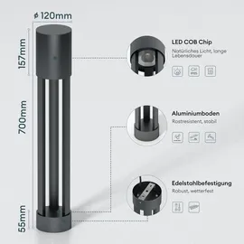 doporro Wegeleuchte grau ⌀120xH700mm IP65 10W 3000K wetterfest