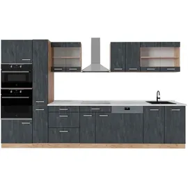 Vicco Küchenzeile R-Line 350 cm Schwarz Beton Eiche mit Arbeitsplatte Weiß-Marmor