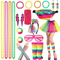 80er Jahre Bekleidungsset für Damen,23 Pcs Bekleidungszubehör 80er Jahre,Neonfarbenes 80er Jahre Kostüm mit Gürteltasche,Stirnband,Halskette,Armband,Ohrringen und Rock,Neon Partykostüme für Mädchen