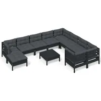 vidaXL 11-tlg. Garten-Lounge-Set mit Kissen Schwarz Kiefernholz