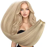 Ugeat Tressen Echthaar Extensions Blond Echthaar Extensions zum Einnähen 50cm Tressen Echthaar Extensions Goldblond mit Hellblond 100g