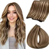 Fshine Tressen Echthaar, Echthaar Tressen zum Einnähen 35cm 50g Genie Weft Extensiones Echthaar Mittelbraun Highlight Honigblond Farbe 4P27
