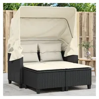 vidaXL Gartensofa 2-Sitzer mit Dach und Hockern Schwarz Poly Rattan