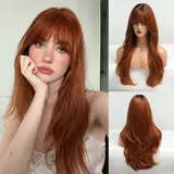 HAIRCUBE Lange rotbraune Perücke mit Pony, geschichtete lockige orangefarbene Perücken für Damen, natürliche synthetische Perücken für den täglichen Gebrauch (Pelucas de Cabello natürlich)