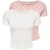 Only Kurzarmshirt "ONLSUSAN SHORT S/S 2 PACK TOP CS JRS", Damen, Gr. XL, weiß (cloud dancer pack:rose smoke with hearts), Jersey, Obermaterial: 95% Baumwolle, 5% Elasthan, bedruckt, unifarben, slim fit normal, Rundhals, Shirts