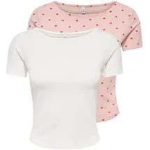 Only Kurzarmshirt "ONLSUSAN SHORT S/S 2 PACK TOP CS JRS", Damen, Gr. XL, weiß (cloud dancer pack:rose smoke with hearts), Jersey, Obermaterial: 95% Baumwolle, 5% Elasthan, bedruckt, unifarben, slim fit normal, Rundhals, Shirts