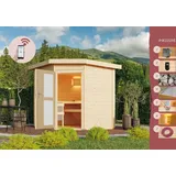 Karibu Saunahaus Außensauna Gartensauna Außensauna JASPER 38mm Wandstärke 231 x 196 cm großes Sparset mit Ofen und Steuergerät