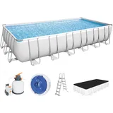 Bestway Power Steel Frame Pool Komplett-Set mit Sandfilteranlage 732 x 366 x 132 cm, lichtgrau, eckig