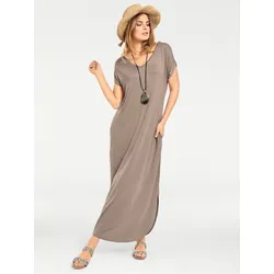 Shirtkleid HEINE "Shirtkleid", Damen, Gr. 46, Normalgrößen, beige (sand), 95% Viskose, 5% Elasthan, unifarben, lang, V-Ausschnitt, Kurzarm, Kleider