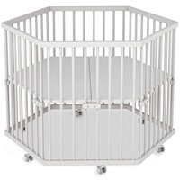 Sämann Laufstall Baby 6-eckig | Hexagon | stufenlos höhenverstellbar | Laufgitter Premium | Babybett aus Holz | Krabbelgitter Komplettset weiß
