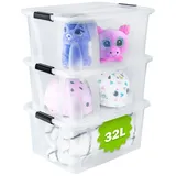 konzept 32L Aufbewahrungsbox mit Deckel 3er Set, sicher verschlossen, lebensmittelecht, stapelbar, transparent, Plastikboxen, Boxen Aufbewahrung.