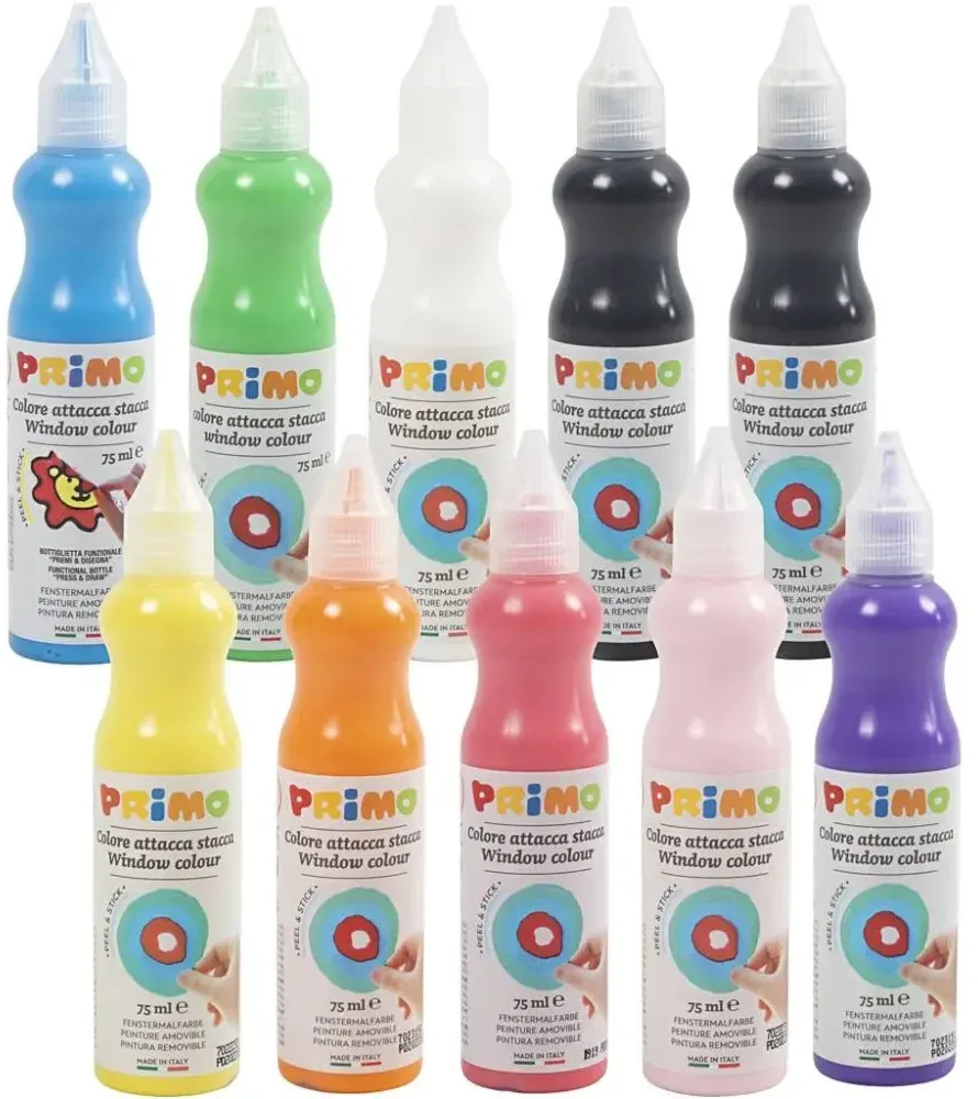 Fenstermalfarben Set 10 x 75 ml Wasserbasiert, Abwaschbar, Selbstklebend - Primo - Kinder ab 5 Jahren, Leuchtende Farben
