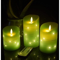 DANIP Grasgrüne LED-Kerze, eingebaute Sternenkette, 3 Kerzen, mit 11-Tasten-Fernbedienung, 24-Stunden-Timer, tanzende Flamme, Echtwachs, batteriebetrieben.