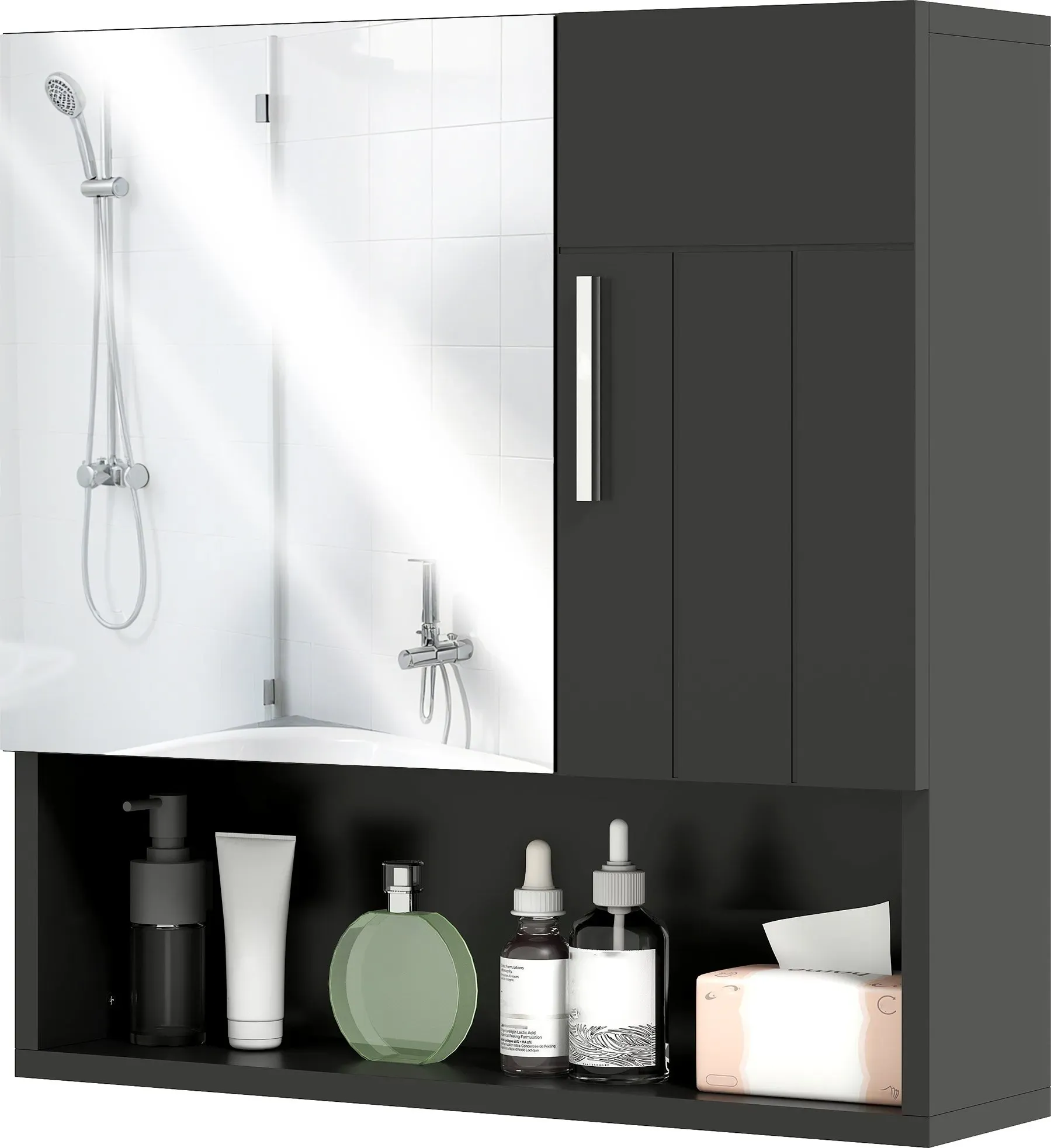 Kleankin Badezimmerspiegelschrank mit verstellbaren Regalen, Badezimmerspiegelschrank mit 2 Türen und offenem Regalfach aus Holz und Glas, 54x15,2x55,3 cm, Schwarz   Aosom