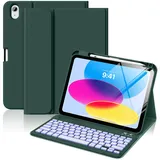 MoKo Hülle mit Tastatur für iPad A16 11 Generation 2025/10 Generation 2022(11/10.9 Zoll), iPad 10. Gen Hülle mit Pencil Halter und magnetisch Abnehmbarer Tastatur mit QWERTY, Nachtgrün