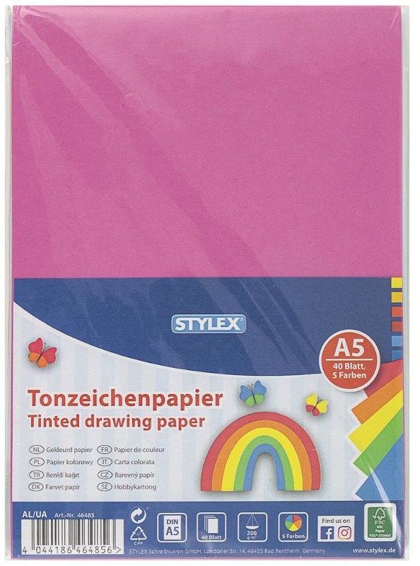 Stylex Tonzeichenpapier 200 g/m2 , DIN A5, 40 Blatt, trendfarben, FSC