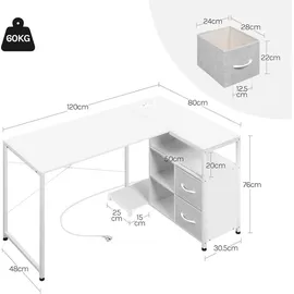 Woltu Schreibtisch L-Form, Eckschreibtisch, mit Steckdosen USB-A, Metallrahmen, Weiß