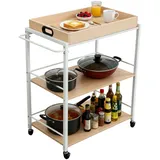 Relaxdays Servierwagen mit abnehmbarem Tablett, Weiß,Hellbraun