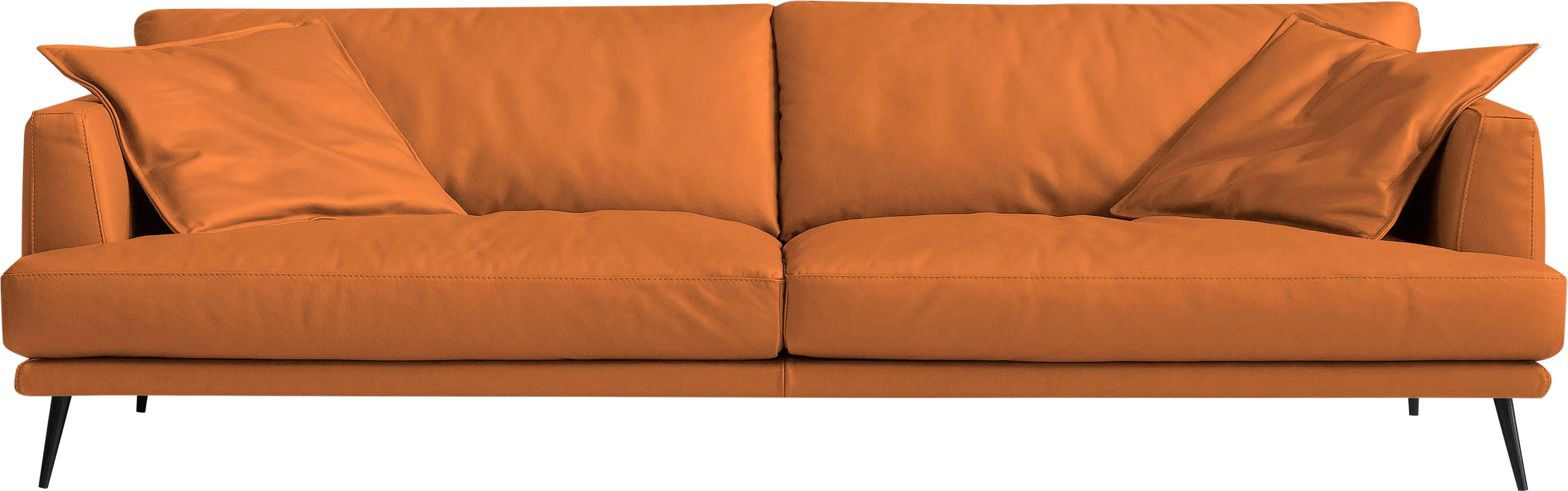 2,5-Sitzer EGOITALIANO "Sophia, Designsofa mit extrakomfortablem Sitzkomfort", orange, B:214cm H:77cm T:96cm, Leder BULL (Echtes Rindsleder). Geschliffenes, pigmentiertes und behandeltes Rindsleder mit einer Dicke von 1, 3-1, 5 mm. Es handelt sich um ein weiches, geschütztes Leder. Eine leichte Deckschicht schützt sie vor Flecken, ohne ihre ursprünglichen Eigenschaften zu verändern. Dieses geschützte Leder kombiniert die Vorteile von Natürlichkeit und Weichheit mit einer guten Beständigkeit gegen Verschleiß und Ausbleichen. Das Vorhandensein der charakteristischen Zeichen, die das Leben des Tieres bestimmen, wie Narben, Körnungsunterschiede, Falten, Adern, Disharmonien in Farbtönen, beweisen ihre absolute Echtheit und großen Wert., Sofas, Daunenfederung, inkl. 2 Kissen