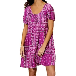 leichtes Damen Sommer-Kleid Tunika-Kleid mit Boho-Print Mini-Kleid 931897 Lila - 36