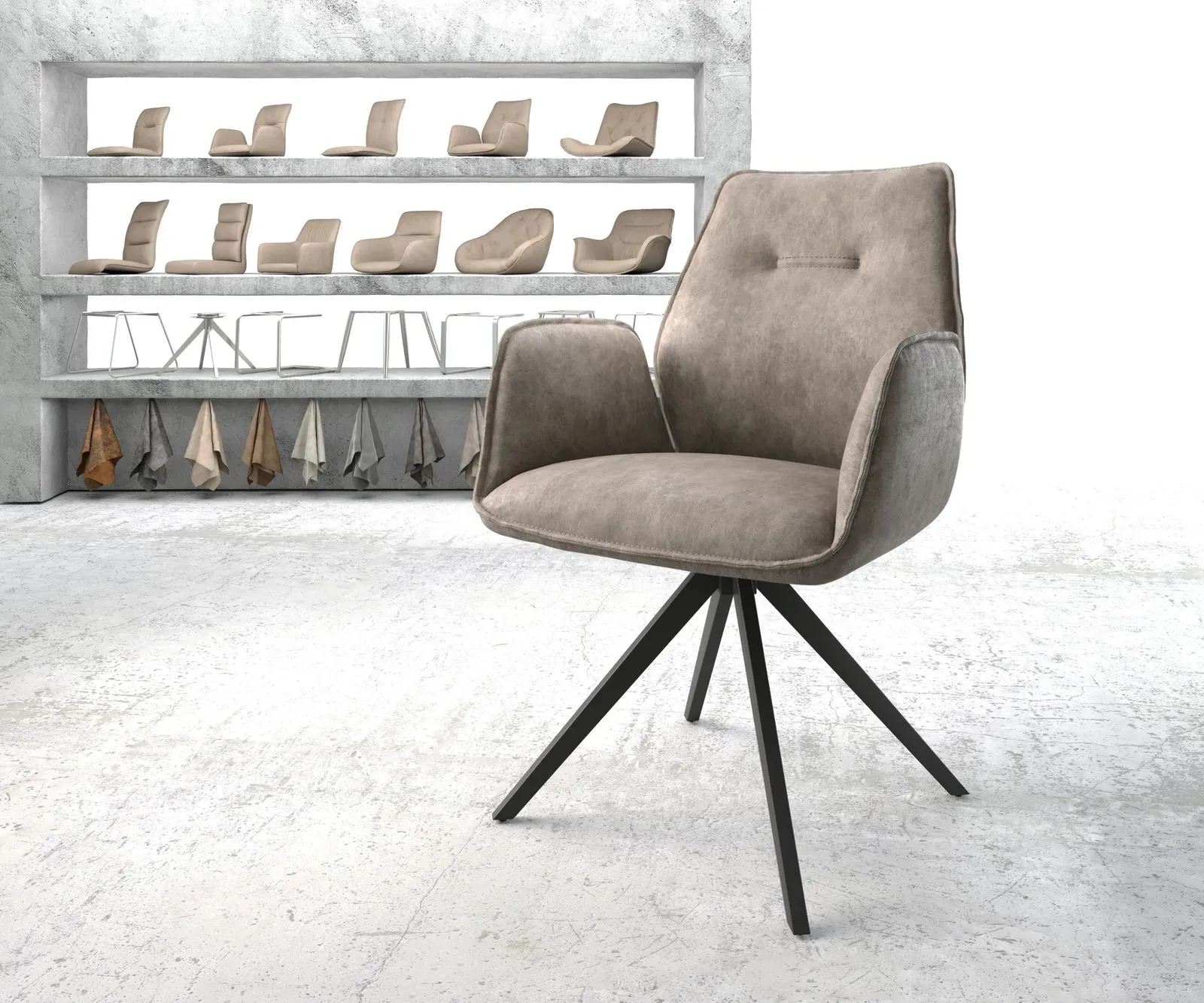 DELIFE Chaise-pivotante Zoa-Flex taupe vintage cadre croisé angulaire noir pivote sur 180°, Chaises de salle à manger