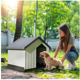 PawHut Hundehütte Outdoor Hundehaus mit Asphaltdach, Fenster, Grau